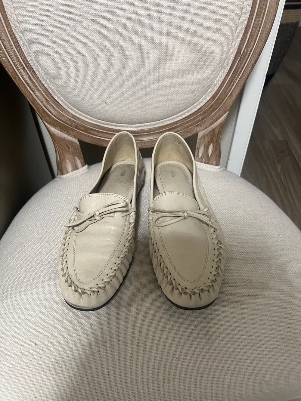Zara Cream Leather Braided Toe Moccasin Loafers - Women's